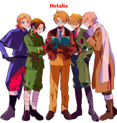 5boys america_(hetalia) axis_powers_hetalia baggy_pants bandaged_leg bandages belt black-framed_eyewear black_belt black_boots black_gloves black_shoes blonde_hair blue_capelet blue_eyes blue_jacket blue_necktie book boots bow brown_belt brown_boots brown_coat brown_gloves brown_hair brown_jacket brown_shoes buttons capelet china_(hetalia) closed_mouth coat collared_capelet collared_jacket collared_shirt copyright_name crossed_arms france_(hetalia) full_body fur-trimmed_jacket fur_trim glasses gloves green_jacket green_pants hair_between_eyes hair_bow hand_on_own_hip hands_in_pockets hands_up highres holding holding_book jacket lapels long_hair long_sleeves looking_at_object male_focus military_jacket military_uniform multiple_boys necktie open_book open_clothes open_jacket open_mouth orange_jacket orange_pants pants pink_belt pocket ponytail puffy_long_sleeves puffy_sleeves purple_eyes reading red_bow red_necktie red_pants russia_(hetalia) sanamaru_(sana79261827) scarf semi-rimless_eyewear shirt shoes short_hair simple_background united_kingdom_(hetalia) white_background white_scarf white_shirt yellow_eyes