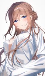 Rule 34 | 1girl, absurdres, blue eyes, blush, breasts, brown hair, collared shirt, gakuen idolmaster, hair between eyes, hair bun, highres, himesaki rinami, idolmaster, kunimine yuzuki, large breasts, long hair, long sleeves, looking at viewer, no bra, open mouth, partially unbuttoned, shirt, simple background, solo, white background, white shirt