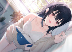 1girl :d asanagi_umi bed black_hair blurry blurry_background blush breasts brown_cardigan brown_hair camisole cardigan class_de_2-banme_ni_kawaii_onnanoko_to_tomodachi_ni_natta cleavage collarbone curtains dutch_angle highres hyuuga_azuri indoors light_rays long_hair long_sleeves looking_at_viewer lying medium_breasts on_bed on_side open_mouth plant potted_plant shorts sidelocks smile solo stuffed_animal stuffed_shark stuffed_toy sunbeam sunlight white_camisole white_shorts window