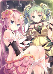 2girls absurdres ahoge bare_shoulders blue_eyes blush breasts closed_mouth dress duel_monster flower green_eyes green_hair hair_ornament highres kanzakietc long_hair looking_at_viewer medium_breasts monster_girl multiple_girls open_mouth pink_hair pointy_ears rafflesia_(flower) sitting smile traptrix_rafflesia traptrix_sera twintails very_long_hair yellow_dress yu-gi-oh!