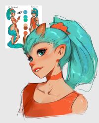 blue_eyes blue_hair breasts fang hair_slicked_back hairband head_tilt high_ponytail highres horns jewelry looking_at_viewer necklace original pointy_ears ponytail reference_inset sam_yang sparkling_eyes swimsuit tail