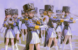Rule 34 | 6+girls, black hat, blonde hair, blue eyes, boots, brown hair, closed eyes, coat, collared coat, commentary, earrings, epaulettes, expressionless, eyelashes, fkey, gloves, grey background, grey coat, grey hair, hair between eyes, hair bun, hat, high collar, highres, holding, holding instrument, instrument, jewelry, knee boots, knees, layered sleeves, leg up, light blush, long sleeves, looking ahead, low twintails, marching band, miniskirt, multiple girls, music, original, pink eyes, playing instrument, pleated skirt, red hair, shako cap, short hair, short twintails, single hair bun, skirt, sphere earrings, standing, symbol-only commentary, trombone, twintails, white footwear, white gloves, white skirt, yellow sleeve cuffs