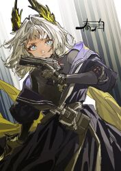Rule 34 | 1girl, arknights, artist logo, black dress, black shirt, blue eyes, closed mouth, commentary, dress, gloves, grey gloves, gun, hair intakes, handgun, harukan tiusu, highres, holding, holding gun, holding weapon, irene (arknights), irene (the adjudicatrix and her resolve) (arknights), logo, looking at viewer, medium hair, official alternate costume, shirt, solo, standing, weapon, white hair