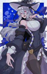 1girl absurdres arknights arrow_(projectile) black_hat blue_nails breasts covered_navel grey_hair hat heart highres kakiyokan large_breasts long_hair nail_polish octopus pink_eyes sharp_teeth solo specter_(arknights) teeth