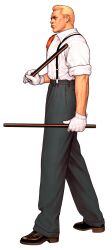 absurdres blonde_hair capcom capcom_vs_snk_2 collared_shirt dual_wielding eagle_(street_fighter) facial_hair facing_to_the_side game_cg gloves highres holding holding_weapon mori_toshiaki mustache non-web_source official_art scar scar_on_face shirt short_hair simple_background sleeves_rolled_up solo stick suspenders walking weapon white_gloves white_shirt
