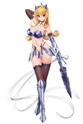 10s 1girl armor armored_boots armpits artist_request bare_shoulders bikini_armor black_panties black_thighhighs blonde_hair blue_eyes boots bow bowtie breastplate breasts cleavage elbow_gloves elina_(queen&#039;s_blade) female_focus fingerless_gloves full_body gauntlets gloves greaves highres holding holding_weapon lace lace-trimmed_legwear lace_trim long_hair looking_at_viewer medium_breasts navel official_art panties polearm queen&#039;s_blade queen&#039;s_blade_unlimited redesign smile solo spear standing thighhighs thong transparent_background underwear weapon