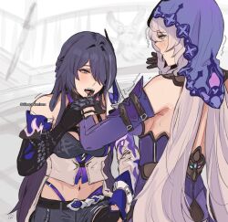 2girls absurdres acheron_(honkai:_star_rail) bare_shoulders black_choker black_gloves black_swan_(honkai:_star_rail) blush breasts chain chain_around_arm choker cleavage coat coattails gloves hair_over_one_eye highres honkai:_star_rail honkai_(series) long_hair multiple_girls official_alternate_color open_mouth purple_eyes purple_hair purple_veil single_bare_shoulder single_wide_sleeve sleepy_kaslana upper_body veil very_long_hair white_coat yuri