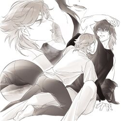 Rule 34 | 2boys, amada ken, aragaki shinjirou, armpits, bare shoulders, blush, chinese commentary, commentary request, curtained hair, greyscale, hair behind ear, hair between eyes, hand on another&#039;s wrist, highres, jacket, jacket partially removed, layered sleeves, licking, licking armpit, long sleeves, lower teeth only, male focus, medium hair, monochrome, multiple boys, open mouth, pants, parted lips, persona, persona 3, persona 4: the ultimate in mayonaka arena, persona 4: the ultimax ultra suplex hold, rentonotnerd, saliva, shirt, short over long sleeves, short sleeves, sleeveless, sleeveless shirt, sweat, teeth, tongue, tongue out, white background, yaoi
