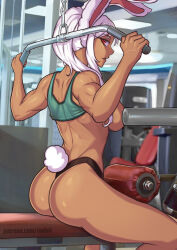 1girl animal_ears ass back bare_arms bare_legs bare_shoulders boku_no_hero_academia breasts breasts_out clothing_cutout convenient_censoring dark-skinned_female dark_skin exercising from_side green_sports_bra gym hair_over_shoulder highleg highleg_panties holding large_breasts long_eyelashes long_hair looking_at_viewer median_furrow mirko on_bench panties parted_lips ponytail rabbit_ears rabbit_girl rabbit_tail red_eyes redjet sitting solo sports_bra tail tail_through_clothes thighs thong toned underwear white_hair