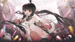 Rule 34 | absurdres, ahoge, black hair, cheering, chinese clothes, dress, floral print, frills, glowstick, highres, idol, jewelry, looking at viewer, mechanical arms, microphone, necklace, panda, petals, ponytail, pulao: dragontoll (dreamweaver) (pgr), pulao (pgr), punishing: gray raven, red dress, red eyes, ribbon, single mechanical arm, smile, stage, stage lights, xtears kitsune
