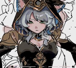 1girl animal_ears animal_hood art_program_in_frame black_shirt bow braid breasts cat_ears cat_girl cat_hood cipher_(honkai:_star_rail) closed_mouth frills green_eyes grey_hair hair_bow highres honkai:_star_rail honkai_(series) hood hood_up looking_at_viewer medium_breasts medium_hair shirt simple_background single_braid solo suzuri_2449 upper_body white_background