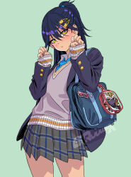 Rule 34 | 1girl, aqua background, bag, black hair, black jacket, blazer, blue necktie, blush, character doll, closed mouth, collared shirt, commentary request, contrapposto, copyright name, cowboy shot, doll, dress shirt, green eyes, grey shirt, grey skirt, grey sweater, gundam, gundam gquuuuuux, hair between eyes, hair ornament, hairclip, hands up, high ponytail, highres, jacket, kycilia zabi, long hair, long sleeves, looking at viewer, nail polish, necktie, nyaan (gundam gquuuuuux), open clothes, open jacket, pink nails, plaid clothes, plaid skirt, pleated skirt, ponytail, school bag, school uniform, shirt, simple background, skirt, sleeves past wrists, solo, standing, sweater, very long fingernails, watermark, yamashita shun&#039;ya