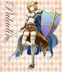 1girl armor armored_boots blonde_hair blue_cape blue_eyes boobplate boots breastplate breasts brown_background brown_cape brown_horns brown_skirt brown_thighhighs cape character_name checkered_background closed_mouth commentary_request cross cross_necklace curled_horns full_body gauntlets hair_over_one_eye holding holding_polearm holding_shield holding_weapon horns jewelry long_hair looking_at_viewer medium_breasts micoto navel necklace paladin_(ragnarok_online) pauldrons polearm ragnarok_online shield shoulder_armor skirt smile solo spear standing standing_on_one_leg thighhighs waist_cape weapon