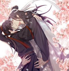 Rule 34 | 2boys, absurdres, bishounen, black hair, black hanfu, cherry blossoms, chinese clothes, closed eyes, couple, dutch angle, falling petals, floating hair, flower, hair ribbon, hanfu, headband, highres, hug, jujeop, kiss, korean commentary, lan wangji, long hair, long sleeves, male focus, modao zushi, multiple boys, petals, pink flower, ponytail, profile, red ribbon, ribbon, robe, sash, sidelocks, sleeves past wrists, topknot, wei wuxian, white hanfu, white headband, wide sleeves, xiao guan (headdress), yaoi
