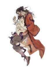 1boy 1girl absurdres baibai66538 bandaged_arm bandaged_hand bandaged_leg bandaged_neck bandages black_hair black_shoes blood blood_on_arm blood_on_clothes blood_on_hands blood_on_leg bloody_bandages brown_hair chinese_clothes chinese_commentary closed_eyes coat coin coin_mask covered_mouth dao_gui_yi_xian dress full_body green_dress green_hanfu grey_hanfu grey_pants hair_bun hair_ribbon hanfu highres holed_coin hug injury li_huowang li_sui_(princess_anping) long_hair long_sleeves lying mask messy_hair monster_girl mouth_veil nail_polish on_side pants parted_lips qixiong_ruqun red_coat red_nails red_ribbon ribbon robe shoes simple_background single_hair_bun sleeping tentacles veil white_background wide_sleeves
