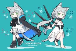 1girl :3 animal_ear_fluff animal_ears anklet arknights barefoot black_footwear black_gloves blue_background blush boots cat_ears cat_girl cat_tail cloak closed_mouth commentary_request commission detached_wings dress fingerless_gloves gloves green_eyes grey_hair holding hood hood_down hooded_cloak infection_monitor_(arknights) jewelry long_hair looking_at_viewer low_twintails official_alternate_costume open_mouth rosmontis_(arknights) rosmontis_(become_anew)_(arknights) skeb_commission suzumori_(suzumoritmw) tail twintails white_dress wings
