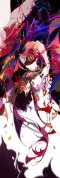 1girl blunt_bangs bow brown_hair commentary confetti cowboy_shot detached_sleeves dress english_commentary ezu_(e104mjd) falling floating_hair fox_mask from_side hair_bow hand_up highres honkai:_star_rail honkai_(series) long_hair looking_at_viewer mask mask_on_head nail_polish pink_eyes red_bow red_dress red_nails red_sleeves short_dress short_sleeves sidelocks sideways_glance simple_background sleeveless sleeveless_dress solo sparkle_(honkai:_star_rail) twintails upside-down very_long_hair white_background