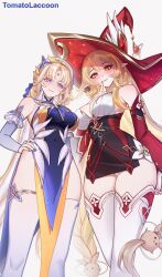 Rule 34 | 2girls, alice (genshin impact), bare shoulders, beret, blonde hair, blue eyes, blush, braid, breasts, closed mouth, detached sleeves, dress, earrings, facial mark, forehead mark, frills, genshin impact, hair ribbon, hand on own hip, hat, highres, jewelry, large breasts, long hair, long sleeves, looking at viewer, multicolored dress, multicolored hair, multiple girls, nicole reeyn, parted bangs, pointy ears, red eyes, red hat, ribbon, simple background, sleeveless, sleeveless dress, smile, solo, thighhighs, tomatolaccoon, twin braids, two-tone hair, very long hair, white background, white hair, white hat, white thighhighs, witch, witch hat