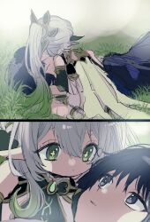 1boy 1girl armlet bare_shoulders bent_over black_hair black_shorts blunt_ends cape close-up cross-shaped_pupils detached_sleeves dress eyelashes eyeliner eyeshadow genshin_impact gold_trim gradient_hair green_cape green_eyes green_hair green_pupils green_sleeves grey_eyes grey_pupils hair_between_eyes hair_ornament hand_on_another&#039;s_stomach head_down hetero highres hirarinoie implied_kiss jewelry leaf leaf_hair_ornament leaning_forward long_hair looking_at_another lying makeup multicolored_hair nahida_(genshin_impact) on_back on_grass parted_lips petite pointy_ears purple_rope red_eyeliner red_eyeshadow rope scaramouche_(genshin_impact) shorts side_ponytail sidelocks sitting sketch symbol-shaped_pupils tassel wanderer_(genshin_impact) wariza white_dress white_footwear white_mouth