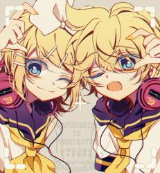 1boy 1girl :3 black_sailor_collar blonde_hair blue_eyes bow brother_and_sister closed_mouth cowlick drooling eyes_visible_through_hair film_grain grey_background hair_between_eyes hair_ornament hairclip hand_up headphones heart heart_hands highres kagamine_len mattari_haruto messy_hair mouth_drool neckerchief necktie one_eye_closed open_mouth parted_bangs recording sailor_collar shirt siblings simple_background smile twins viewfinder vocaloid watermark white_bow white_shirt yellow_nails yellow_neckerchief yellow_necktie
