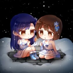 2girls blue_boots blue_hair boots brown_eyes brown_hair chibi chiwawa174 choker closed_mouth dress gloves hagiwara_yukiho hair_ornament highres holding_matchstick idolmaster idolmaster_(classic) idolmaster_2 kisaragi_chihaya long_hair looking_at_object matches multiple_girls night outdoors parted_lips short_hair single_glove single_sleeve sitting snow snowflake_hair_ornament snowflake_liliput_(idolmaster) snowing strapless strapless_dress white_choker white_dress white_gloves