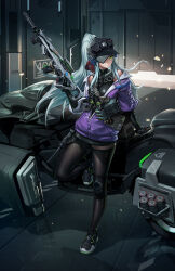 Rule 34 | 1girl, assault rifle, baseball cap, black gloves, black hat, black thighhighs, blue hair, breasts, girls&#039; frontline, girls&#039; frontline 2: exilium, gloves, green eyes, gun, h&amp;k hk416, hat, highres, hk416 (girls&#039; frontline), imdrunkontea, jacket, klukai (girls&#039; frontline 2), long hair, medium breasts, motor vehicle, motorcycle, purple jacket, rifle, solo, teardrop facial mark, thighhighs, weapon