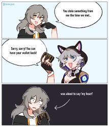 Rule 34 | 2girls, 3koma, animal hood, black gloves, cat hood, cipher (honkai: star rail), comic, english text, gloves, grey hair, honkai: star rail, honkai (series), hood, multiple girls, rewuyuu, speech bubble, stelle (honkai: star rail), trailblazer (honkai: star rail), wallet