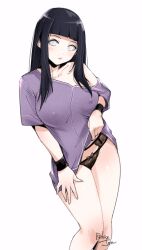 1girl artist_name black_hair black_panties blunt_bangs clothes_lift covered_erect_nipples highres hyuuga_hinata long_hair looking_at_viewer naruto_(series) naruto_shippuuden no_pupils off_shoulder panties parted_lips purple_shirt relaxjon shirt shirt_lift short_sleeves solo underwear white_background wristband