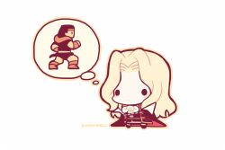 2boys alucard_(castlevania) black_cape black_coat blonde_hair brown_outline cape castlevania_(1986) castlevania_(series) chibi chibi_only closed_mouth coat dot_mouth full_body kotorai long_hair male_focus multiple_boys no_nose outline signature simon_belmont simple_background solid_circle_eyes speech_bubble spoken_character thought_bubble trevor_belmont white_background