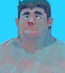 Rule 34 | 1boy, bara, black hair, facial hair, fat, fat man, huge eyebrows, koto (32456033), large chin, looking up, male focus, mature male, original, portrait, sanpaku, sideburns stubble, smile, solo, stubble