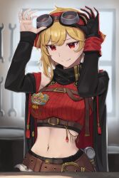 Rule 34 | 1girl, absurdres, belt, black gloves, blonde hair, brown belt, closed mouth, cropped sweater, gloves, goggles, goggles on head, hammer, highres, hololive, hololive indonesia, indoors, kaela kovalskia, kaela kovalskia (4th costume), navel, red eyes, red sweater, single glove, smile, solo, sweater, tool belt, vakuuberi, virtual youtuber, window, wrench