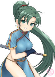 Rule 34 | 1girl, absurdres, blue dress, breasts, china dress, chinese clothes, dress, fire emblem, fire emblem: the blazing blade, green eyes, green hair, grin, highres, long hair, lyn (fire emblem), medium breasts, nao suke, nintendo, no panties, pelvic curtain, ponytail, sheath, sheathed, short sleeves, side slit, simple background, smile, solo, sword, thighs, very long hair, weapon