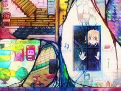 Rule 34 | 1girl, abstract, bicycle, black sweater, blonde hair, commentary, doriansrooms, english commentary, hand on window, heterochromia, icon (computing), long hair, long sleeves, looking outside, monster, pixels, recycle bin, riding, riding bicycle, short hair, solo, sweater, tree, urotsuki, vending machine, yume 2kki