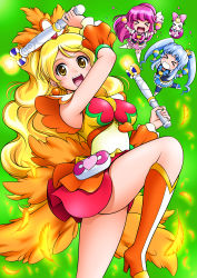 &gt;_&lt; 10s 3girls :d aino_megumi alternate_form black_legwear blonde_hair blue_hair blue_skirt boots bow brooch chibi closed_eyes confetti creature crown cure_honey cure_honey_(coconut_samba) cure_lovely cure_princess dual_wielding feathers gold_crown green_background happinesscharge_precure! happy heart heart_brooch high_ponytail holding instrument jewelry knee_boots long_hair magical_girl maracas mattsua mini_crown multiple_girls oomori_yuuko open_mouth orange_boots pink_bow pink_hair pink_skirt ponytail precure ribbon_(happinesscharge_precure!) shirayuki_hime shoes skirt smile standing standing_on_one_leg thigh_boots thighhighs twintails very_long_hair wand white_legwear yellow_eyes