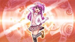 Rule 34 | 1girl, aged down, armpits, bare shoulders, beatmania iidx, beatmania iidx 22 pendual, bemani, flat chest, goli matsumoto, hair between eyes, hairband, long hair, mizushiro celica, non-web source, official art, one side up, pink eyes, pink hair, skirt, smile, solo, teeth, thighhighs, upper teeth only, white hairband