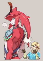 Rule 34 | 2boys, ?, armor, arms up, back muscles, belt, black belt, black gloves, blonde hair, blue eyes, blue tunic, blush, chest belt, closed mouth, commentary, cropped legs, cropped torso, english commentary, fingerless gloves, fins, fish boy, gloves, grey background, head fins, headpiece, heart, jewelry, link, looking back, male focus, multiple boys, natsuyon, necklace, nintendo, parted bangs, pauldrons, plume, pom pom (clothes), ponytail, sanpaku, scar, scar on head, short ponytail, shoulder armor, sidon, simple background, size difference, slit pupils, speech bubble, spoken question mark, the legend of zelda, the legend of zelda: breath of the wild, toned, toned male, tunic, yellow eyes, zora