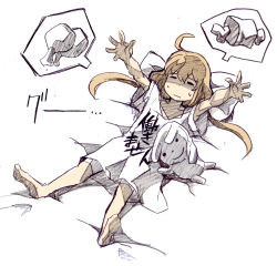 10s 1girl armpit_peek barefoot boned_meat brown_hair clothes_writing female_focus food futaba_anzu hungry idolmaster idolmaster_cinderella_girls kubocha kubota long_hair lowres lying meat on_back shirt solo t-shirt