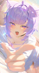 Rule 34 | 1girl, :d, absurdres, animal collar, animal ears, bed sheet, black collar, blunt bangs, blurry, blurry background, breasts, cat ears, cat girl, cat tail, cleavage, collar, collared shirt, commentary request, depth of field, dress shirt, dutch angle, fang, heart, heart in eye, highres, hololive, large breasts, looking at viewer, lying, medium hair, messy hair, naked shirt, neck ribbon, nekomata okayu, nekomata okayu (oversized shirt), official alternate costume, official alternate hairstyle, on side, open mouth, pointing, pointing at viewer, purple eyes, purple hair, purple ribbon, ribbon, shirt, skin fang, slit pupils, smile, solo, symbol in eye, tail, virtual youtuber, white shirt, yusha (lv1 yusha 522)