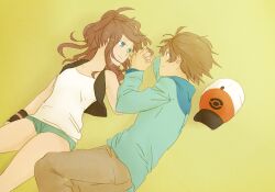 1boy 1girl a-k-g baseball_cap blue_jacket blue_shorts brown_hair hat hetero hilbert_(pokemon) hilda_(pokemon) holding_hands jacket looking_at_another lying nintendo pokemon pokemon_bw shirt shorts sleeveless sleeveless_shirt smile unworn_hat unworn_headwear white_shirt