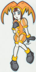 1girl digimon female_focus gloves highres patamon pomni_(the_amazing_digital_circus) simple_background solo the_amazing_digital_circus white_background