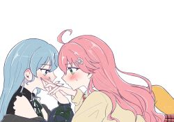 2girls ahoge black_shirt blue_eyes blue_hair blue_nails blush commentary_request from_side green_eyes highres holding_hands hololive hoshimachi_suisei interlocked_fingers long_hair long_sleeves multiple_girls pantyhose pink_hair profile sakura_miko shirt simple_background sleeveless sleeveless_shirt sweatdrop sweater umu33umya upper_body virtual_youtuber watermark white_background yellow_pantyhose yellow_sweater yuri
