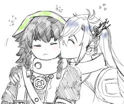 2girls ainu_clothes black_hair blush braid closed_eyes hair_ornament headscarf heart highres kaguya_(rune_factory) kiss kissing_cheek kiyosato_yuri long_hair multiple_girls pilika_(rune_factory) rune_factory rune_factory:_guardians_of_azuma spoken_heart upper_body white_hair yuri