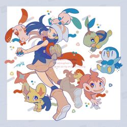 Rule 34 | 1girl, alternate color, auko, beanie, black hair, blue eyes, blue hair, boots, breasts, chimchar, dawn (pokemon), floating scarf, gen 3 pokemon, gen 4 pokemon, great ball, hair ornament, hairclip, hat, highres, holding, holding poke ball, long hair, looking at viewer, minun, nintendo, open mouth, pink boots, pink skirt, piplup, plusle, poke ball, poke ball print, poke ball symbol, pokemon, pokemon (creature), pokemon dppt, red scarf, scarf, shinx, shiny pokemon, shirt, signature, skirt, sleeveless, smile, turtwig, watermark, white hat