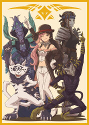 2girls 3others belt black_coat black_hair black_hat black_sleeves blacksmith_(rwby) blue_headband boots border bowler_hat breasts brown_eyes cleavage coat commentary commentary_request cropped_shirt curious_cat_(rwby) detached_sleeves english_commentary gloves hand_up hat headband herbalist_(rwby) high_heel_boots high_heels jabberwalker_(rwby) large_variant_set long_hair looking_at_viewer medium_breasts midriff mixed-language_commentary moai_(moai_world) multicolored_hair multiple_girls multiple_others navel neopolitan_(rwby) neopolitan_(atlas)_(rwby) one_eye_closed pants pink_hair pointing pointing_up rwby shirt smile two-tone_hair variant_set white_belt white_footwear white_gloves white_pants white_shirt yellow_background yellow_border