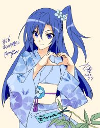 1girl 2022 blue_eyes blue_hair dated hair_between_eyes heart heart_hands highres japanese_clothes kanna_(plum) kazanari_tsubasa kimono long_hair looking_at_viewer numbered painttool_sai_(medium) senki_zesshou_symphogear side_ponytail simple_background smile solo twitter_username yukata