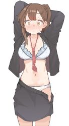 1girl arms_behind_head black_jacket black_skirt blush bra breasts brown_eyes brown_hair closed_mouth collarbone highres jacket kotobuki_hisako large_breasts looking_at_viewer missing_commentary navel necktie open_clothes open_mouth open_skirt panties red_necktie s10021 seitokai_ni_mo_ana_wa_aru! simple_background skirt solo stomach sweat underwear white_background white_bra white_panties
