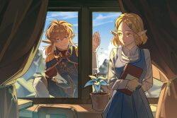 1boy 1girl absurdres arm_behind_back blonde_hair blue_dress blue_eyes book braid chair crown_braid day desk dress flower flower_pot green_eyes hair_ornament hairclip highres holding holding_book link looking_at_another military_uniform nintendo pinafore_dress pointy_ears princess_zelda royal_guard_set_(zelda) shirt short_hair sidelocks silent_princess sleeveless sleeveless_dress smile the_legend_of_zelda the_legend_of_zelda:_breath_of_the_wild white_shirt window yu_eutopia