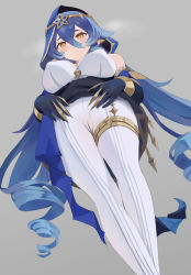1girl bare_shoulders black_gloves blue_hair blue_hood blue_sleeves blush breasts cameltoe claw_ring drill_hair drill_sidelocks elbow_gloves from_below genshin_impact gloves grey_background highres hood hood_up jewelry large_breasts layla_(genshin_impact) liangfen long_hair looking_at_viewer pants pointy_ears pov sidelocks solo thighlet thighs twin_drills white_pants yellow_eyes