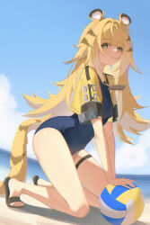 1girl adapted_costume ang_lazypaint animal_ear_fluff animal_ears ball beach blonde_hair colored_inner_hair green_eyes highres ju_fufu long_hair looking_at_viewer multicolored_hair shirt smile solo swimsuit tail tiger_ears tiger_girl tiger_tail white_hair zenless_zone_zero