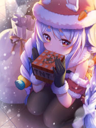 1girl alternate_costume animal_ear_fluff animal_ears black_gloves black_pantyhose blue_hair braid carrot_hair_ornament commentary elbow_rest explosive food-themed_hair_ornament fur_trim gloves hair_between_eyes hair_ornament hat highres holding hololive long_hair looking_at_viewer magowasabi minecraft multicolored_hair outdoors pantyhose rabbit_ears rabbit_girl red_hat red_shirt religious_offering sack santa_costume santa_hat shirt smile snow solo squatting symbol-shaped_pupils thick_eyebrows tnt tnt_block_(minecraft) twin_braids two-tone_hair usada_pekora virtual_youtuber white_hair